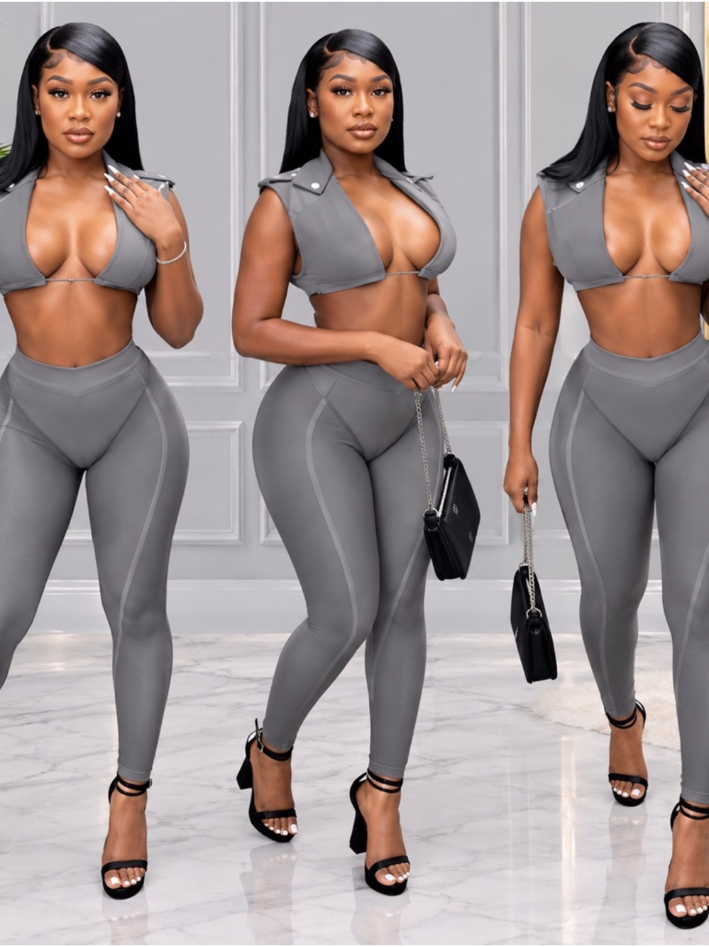 Women’s Gray High-Waist Leggings & Crop Top Set